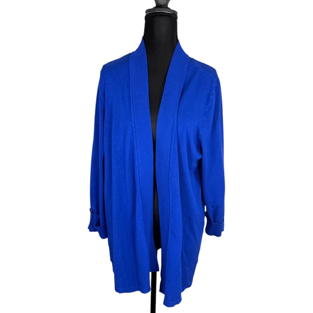 Studio Works Royal Blue Open Front Cardigan XL Button Tab Sleeve Rayon Blend